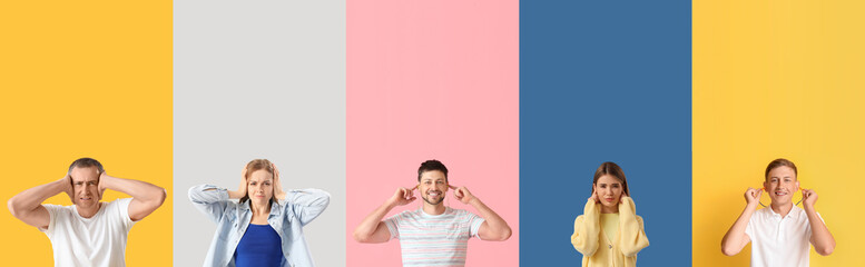 Set of people suffering from loud noise on color background