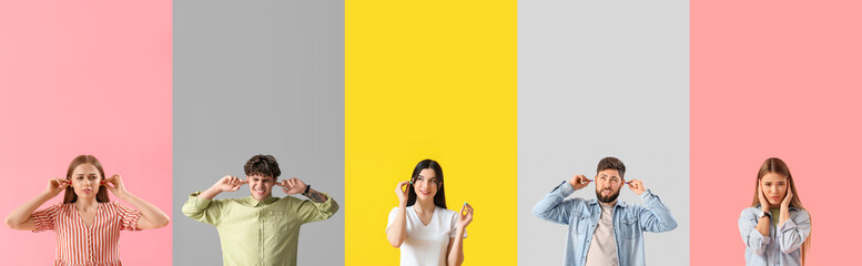 Collage of young people suffering from loud noise on color background