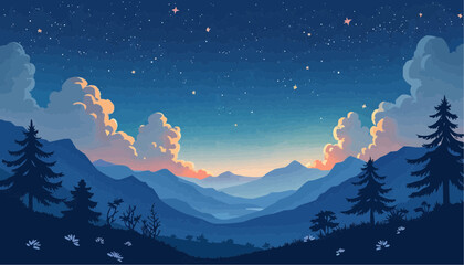 Mountain range landscape at night with stars