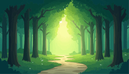 Forest Path Illustration Green Trees and Sunlight