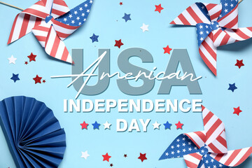 Obraz premium Pinwheels made of USA flags and stars on blue background. Independence Day celebration