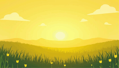 Yellow Sunset Landscape with Grass and Flowers