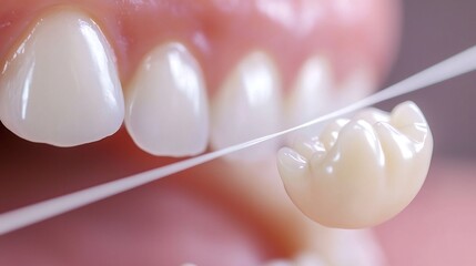 Close up of dental floss effortlessly gliding between teeth removing plaque and promoting healthy gums