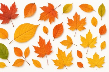 Artistic flat lay of diverse autumn leaves (maple, oak, ginkgo, aspen) in a vibrant spectrum of reds, oranges, yellows, and browns, meticulously arranged and isolated on a clean white background.