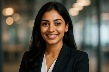 Confident young South Asian businesswoman with a warm smile and intelligent eyes, wearing a stylish business attire, professional headshot portrait against a modern office backdrop.