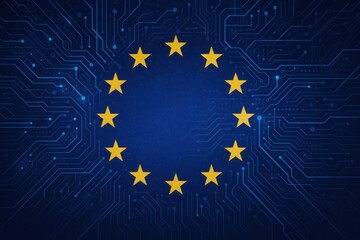 Conceptual image of the European Union flag with a superimposed, glowing network of interconnected data points and the text "AI ACT," symbolizing EU regulations on artificial intelligence.