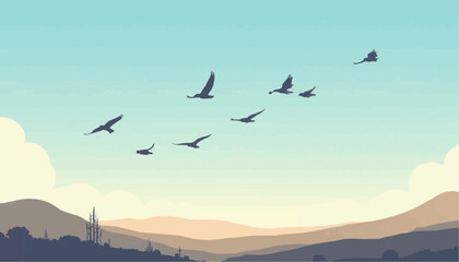 Birds Flying Over Mountain Landscape at Sunset