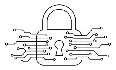サイバーセキュリティ対策を象徴するロックとデジタル回路のアイコンイラスト