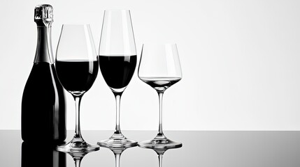 A monochrome wine and champagne setup with detailed