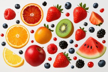 Dynamic explosion of colorful, fresh fruits (strawberries, blueberries, oranges, kiwis, apples) captured in mid-air, seemingly flying and splashing, isolated on a pristine white background.