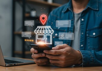 Local business reviews and customer feedback system on mobile device, showcasing star ratings for small businesses. Digital marketing, local SEO, and consumer experience in online business reviews