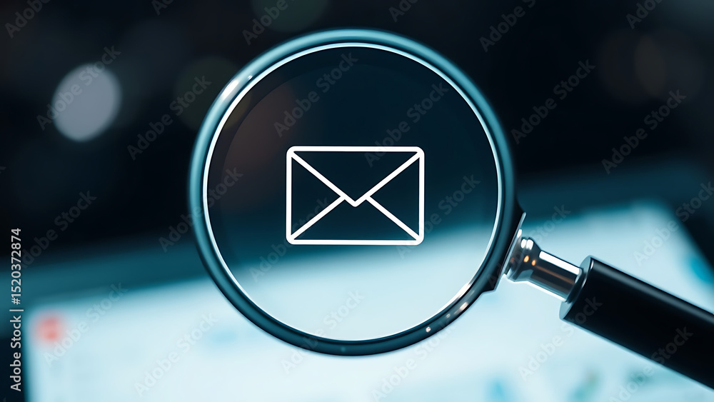 Poster email verification and filtering concept a magnifying glass focusing on a verified email icon with e