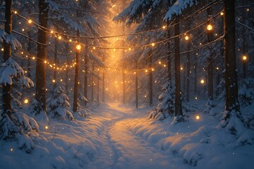 Enchanting winter forest path covered in fresh snow illuminated by the warm glow of a setting sun and magical fairy lights strung between snow-laden trees