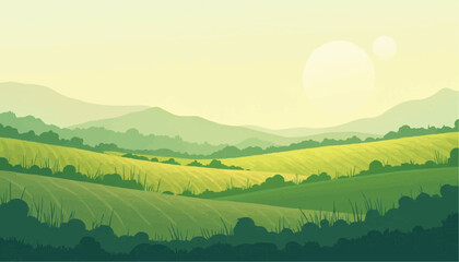 Green Field Landscape with Hills and Sun