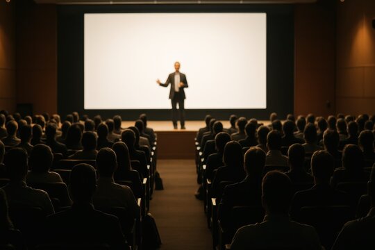 Engaged audience of diverse professionals in a packed modern auditorium, attentively listening and taking notes during a keynote presentation by a renowned industry expert on a large screen.