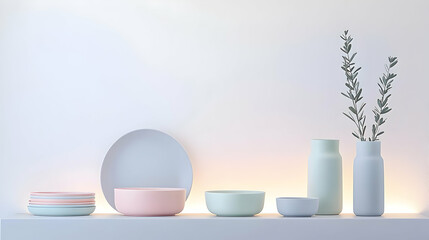 Pastel Kitchenware Arrangement On White Shelf