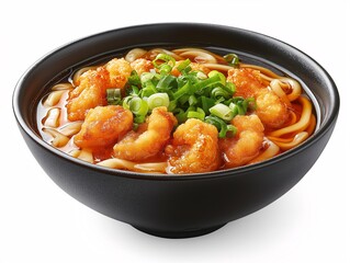 Delicious Shrimp Noodle Soup with Green Onions and Spicy Broth in Black Bowl - Asian Seafood Cuisine Photography