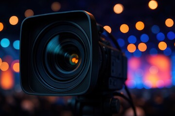 Professional live streaming setup with multiple cameras, studio lighting, and microphones focused on an empty stage, ready for a high-quality online broadcast or virtual event.