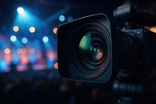 Professional live streaming setup with multiple cameras, studio lighting, and microphones focused on an empty stage, ready for a high-quality online broadcast or virtual event.