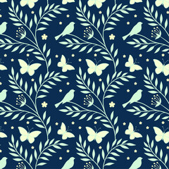 Elegant Pastel Nature Pattern with Butterflies, Bird, and Floral Accents