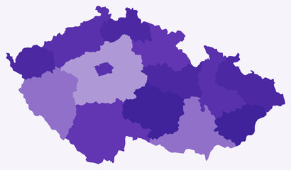 Map of Czechia with regions. Just a simple country border map with region division. Deep purple color palette. Blank Czechia shape with administrative division. Vector illustration.