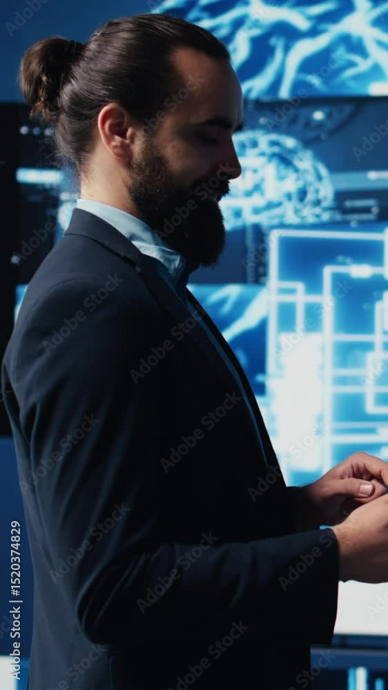 Poster vertical video businessman working with digital ai neural networks system for machine learning high 