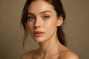 Naklejka premium Alluring Close-Up Portrait of a Young Caucasian Woman with Perfect Skin and an Elegant, Sensual Gaze