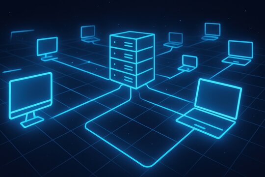 Abstract representation of a global computer network, with interconnected nodes and glowing lines forming a complex web over a dark background, symbolizing internet connectivity and data exchange.