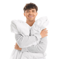 Handsome happy man with soft blanket on white background