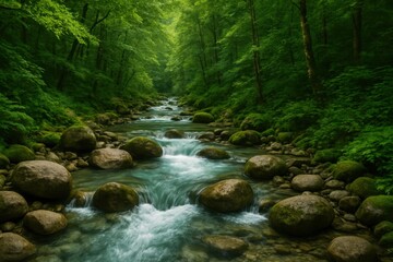 Obraz premium Crystal Clear Stream Flowing Through a Lush Green Forest, Symbolizing Water Purity and Sustainable Natural Resources