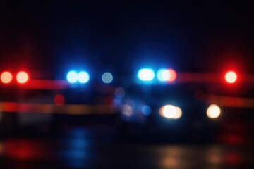 Defocused Background of Red and Blue Police Car Flashing Lights at a Crime Scene Investigation Area at Night
