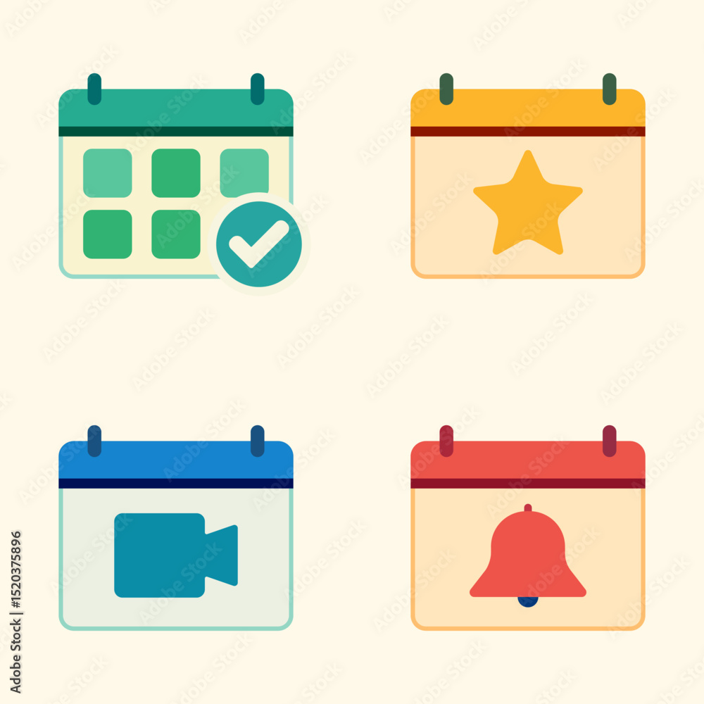 Poster set of four modern calendar icons with colorful symbols representing tasks, favorites, video calls, 