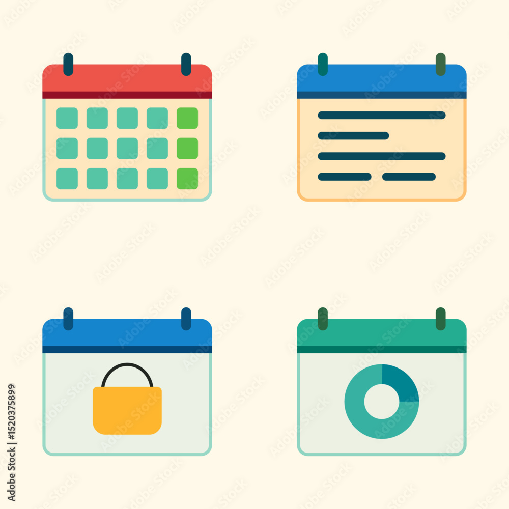 Poster set of four modern calendar interface icons with colorful graphics representing schedule, notes, loc