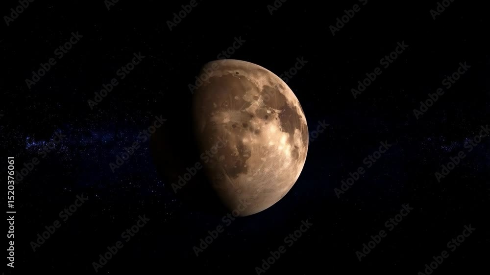 Poster rotating planet with cratered surface and detailed texture set against a star filled space backgroun