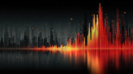 Digital city skyline with glowing red and orange bars reflecting on water showing ai data in modern economy at night.