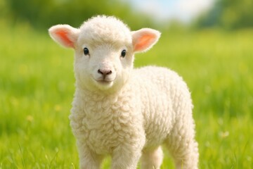 Obraz premium Adorable Fluffy Young White Sheep Lamb Standing Innocently in a Lush Green Meadow on a Sunny Day Created with AI for Pastoral and Children's Themes