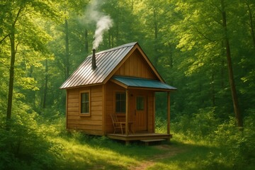 Charming, small, self-contained wooden cabin or tiny house nestled peacefully in a lush, sun-dappled summer forest, with a smoking chimney and a cozy porch, embodying tranquility and off-grid living.