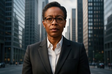 Fototapeta premium Confident Middle Aged African American Businesswoman in Formal Suit and Eyeglasses Posing Against a Modern Cityscape Backdrop