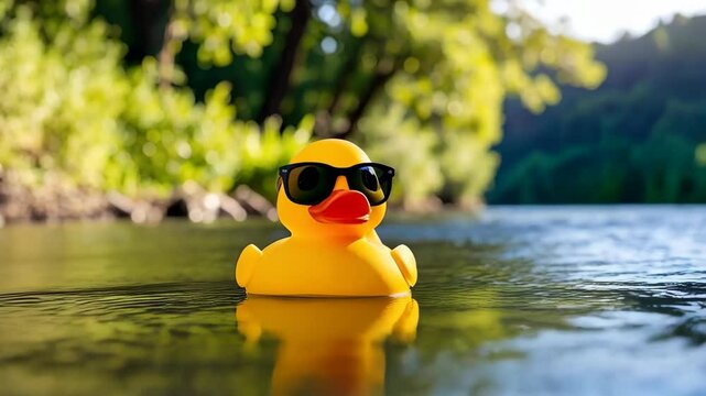 Bright yellow rubber duck wearing sunglasses floats serenely on a reflective river surrounded by green leafy trees on a sunny day