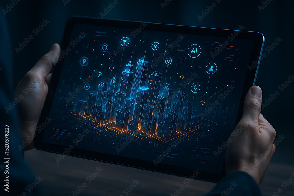 Poster futuristic smart city display on a digital tablet showing interconnected buildings and data for urba