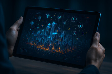 Futuristic Smart City Display on a Digital Tablet Showing Interconnected Buildings and Data for Urban Planning and Technology Innovation