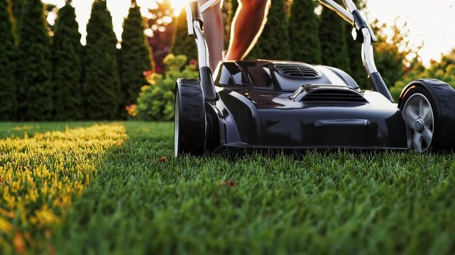 Modern lawn care: cuttingedge electric mower trimming lush green grass efficiently