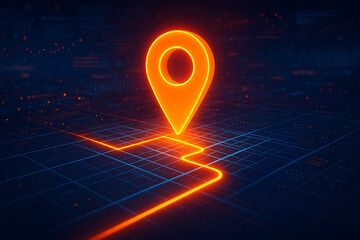 Neon Glowing Orange Location Pin on a Digital Grid Map with a Trailing Path for Futuristic Navigation and Technology Concepts