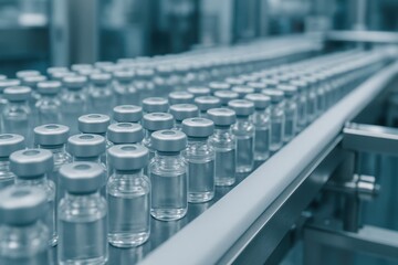 Obraz premium Pharmaceutical Manufacturing Close-Up Numerous Sterile Medical Vials Moving Along an Automated Conveyor Belt in a High-Tech Production Line Ensuring Quality Control