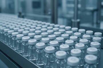 Fototapeta premium Pharmaceutical Manufacturing Close-Up Numerous Sterile Medical Vials Moving Along an Automated Conveyor Belt in a High-Tech Production Line Ensuring Quality Control