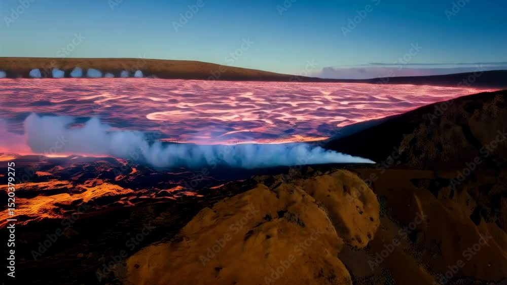 Poster scenic landscape of an erupting volcano with flowing lava rivers creating a unique and intense volca