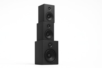 Obraz premium Sleek, modern stack of high-fidelity audio speakers in matte black finish, isolated on a clean white background, emphasizing minimalist design and powerful sound technology.