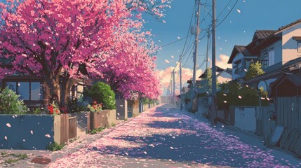 Cherry Blossom Street Scene Peaceful Japanese Neighborhood Springtime Scenery