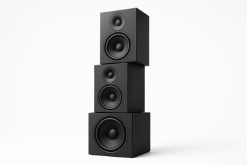 Fototapeta premium Sleek, modern stack of high-fidelity audio speakers in matte black finish, isolated on a clean white background, emphasizing minimalist design and powerful sound technology.