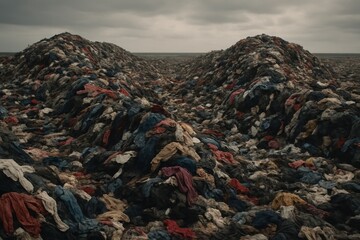 Sobering aerial view of a vast landfill overflowing with massive piles of discarded clothing and textiles, highlighting the environmental impact of fast fashion and textile waste pollution.